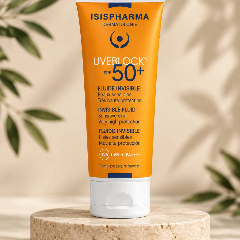 فلوئید ضد آفتاب بی رنگ آیسیس فارما مدل Uveblock با SPF50 حجم 40 میل