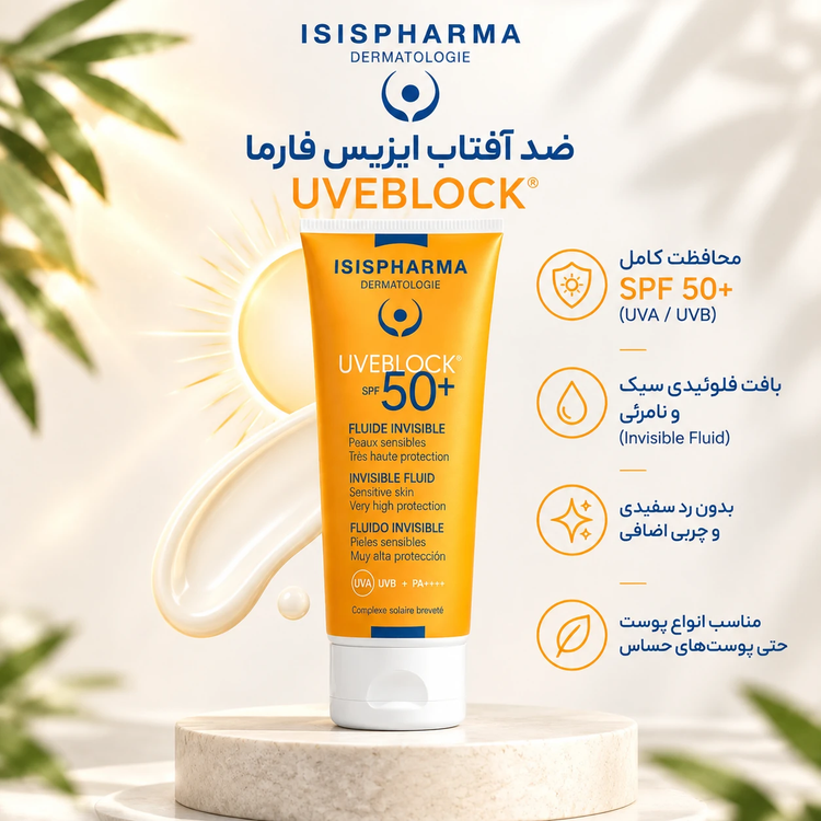 فلوئید ضد آفتاب بی رنگ آیسیس فارما مدل Uveblock با SPF50 حجم 40 میل